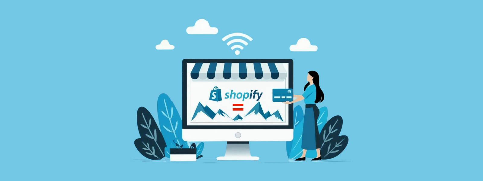 Shopify Logo, Berge und die österreichische Flagge gezeigt auf einem illustrierten Computer Bildschirm