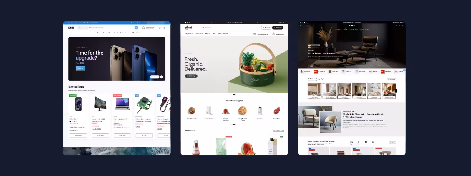 Screenshot von Shopify Themes aus dem Theme Store mit dunkelblauem Hintergrund