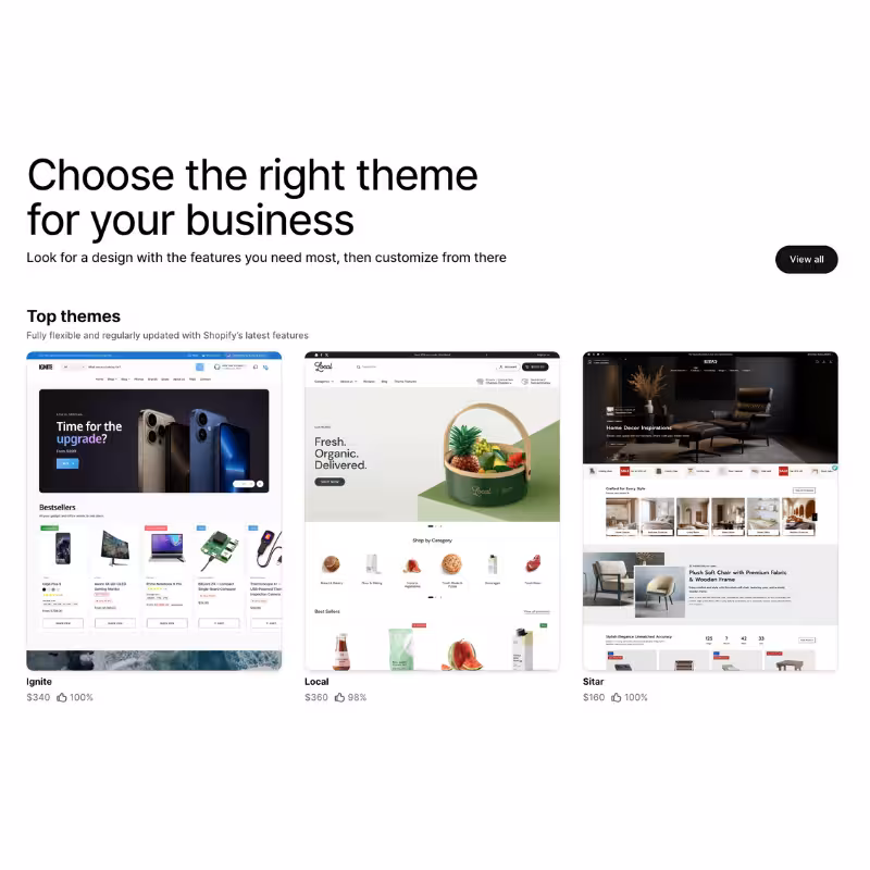 Screenshot aus dem Shopify Theme Store mit 3 Themes vorgestellt