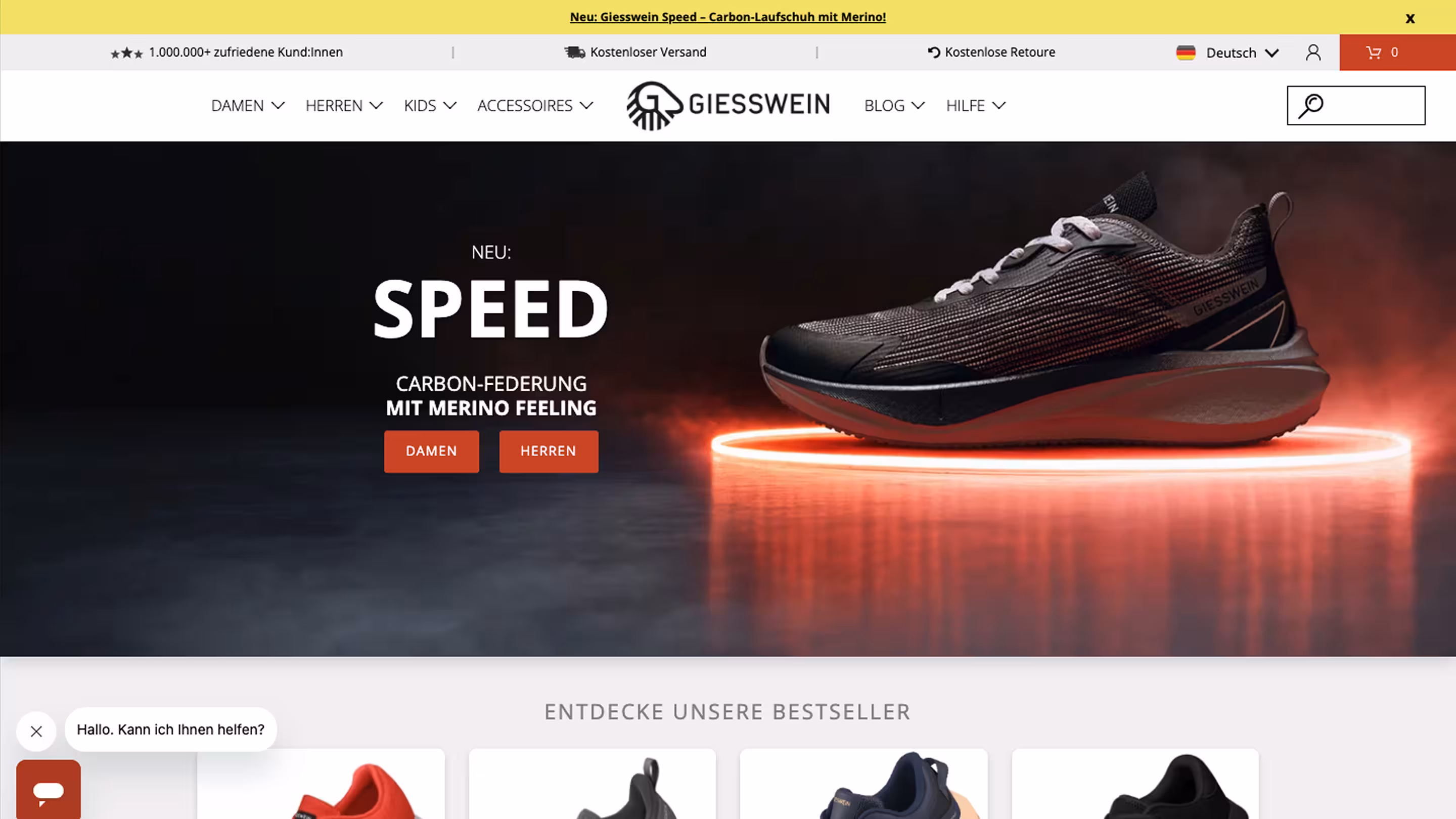 Screenshot von der Giesswein Website - Above the Fold