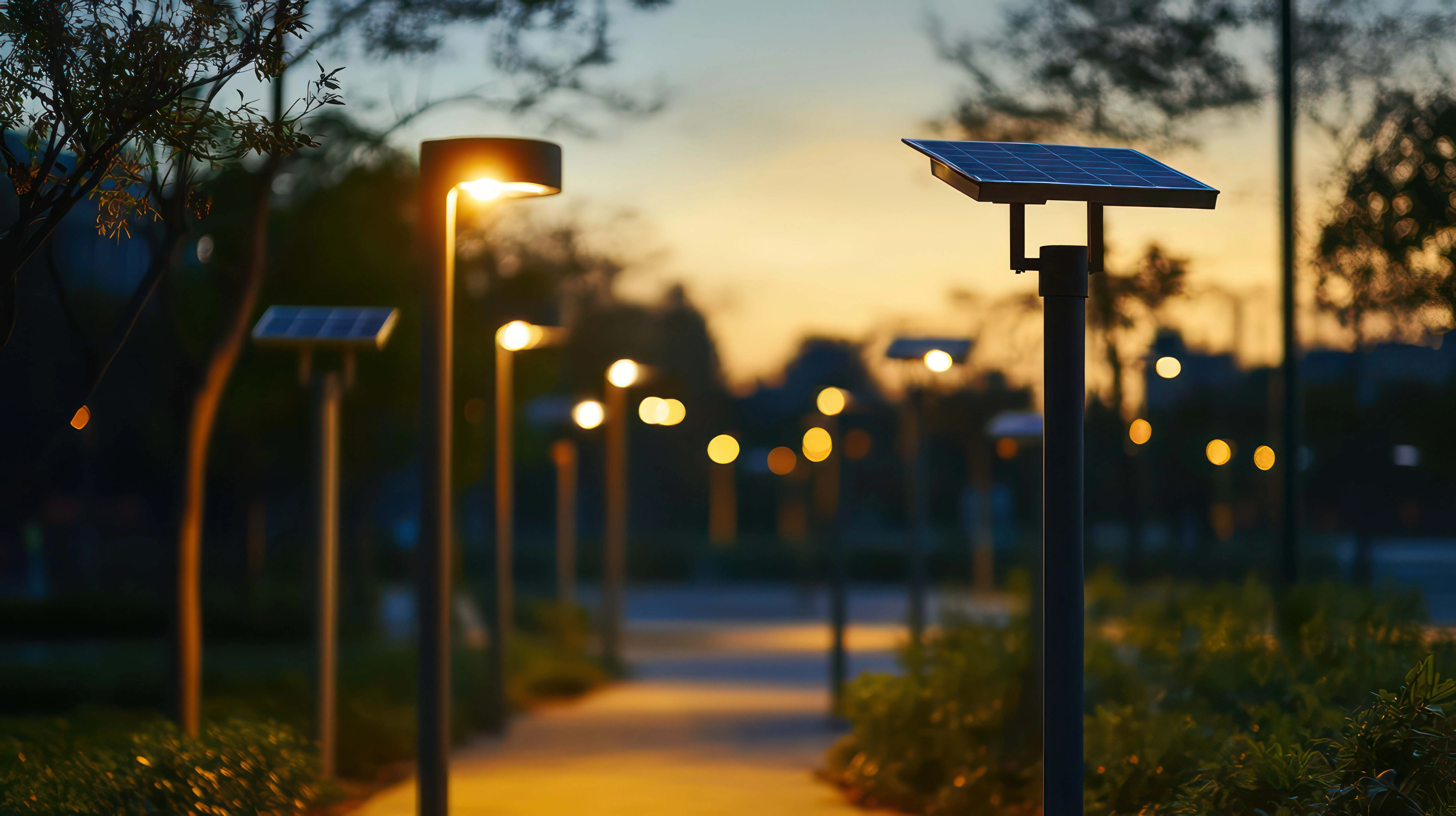 Solarbetriebene Straßenlaternen entlang eines Weges bei Sonnenuntergang, umgeben von Vegetation.
