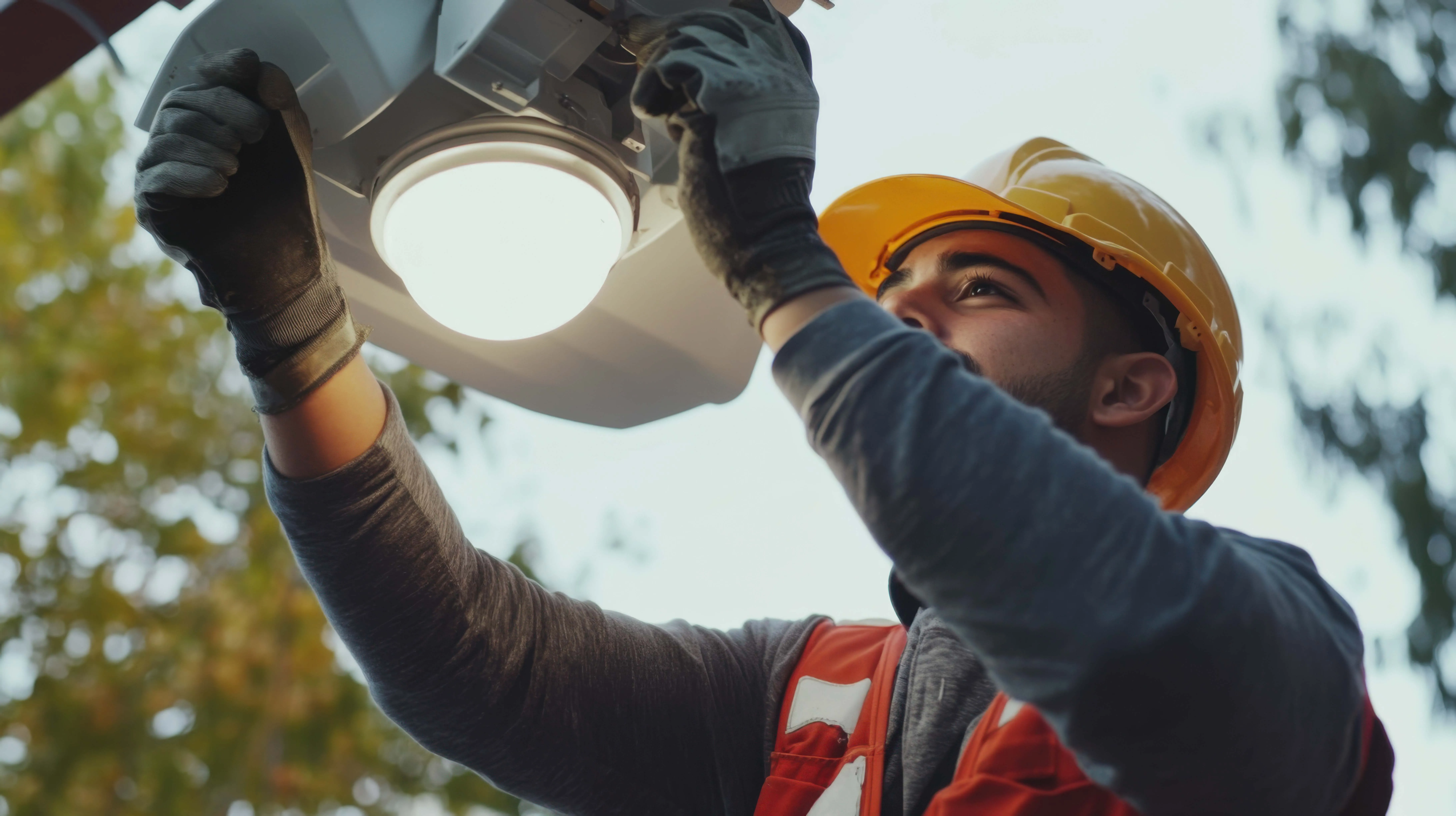 Elektriker mit gelbem Helm und Handschuhen installiert eine Außenleuchte im Freien.