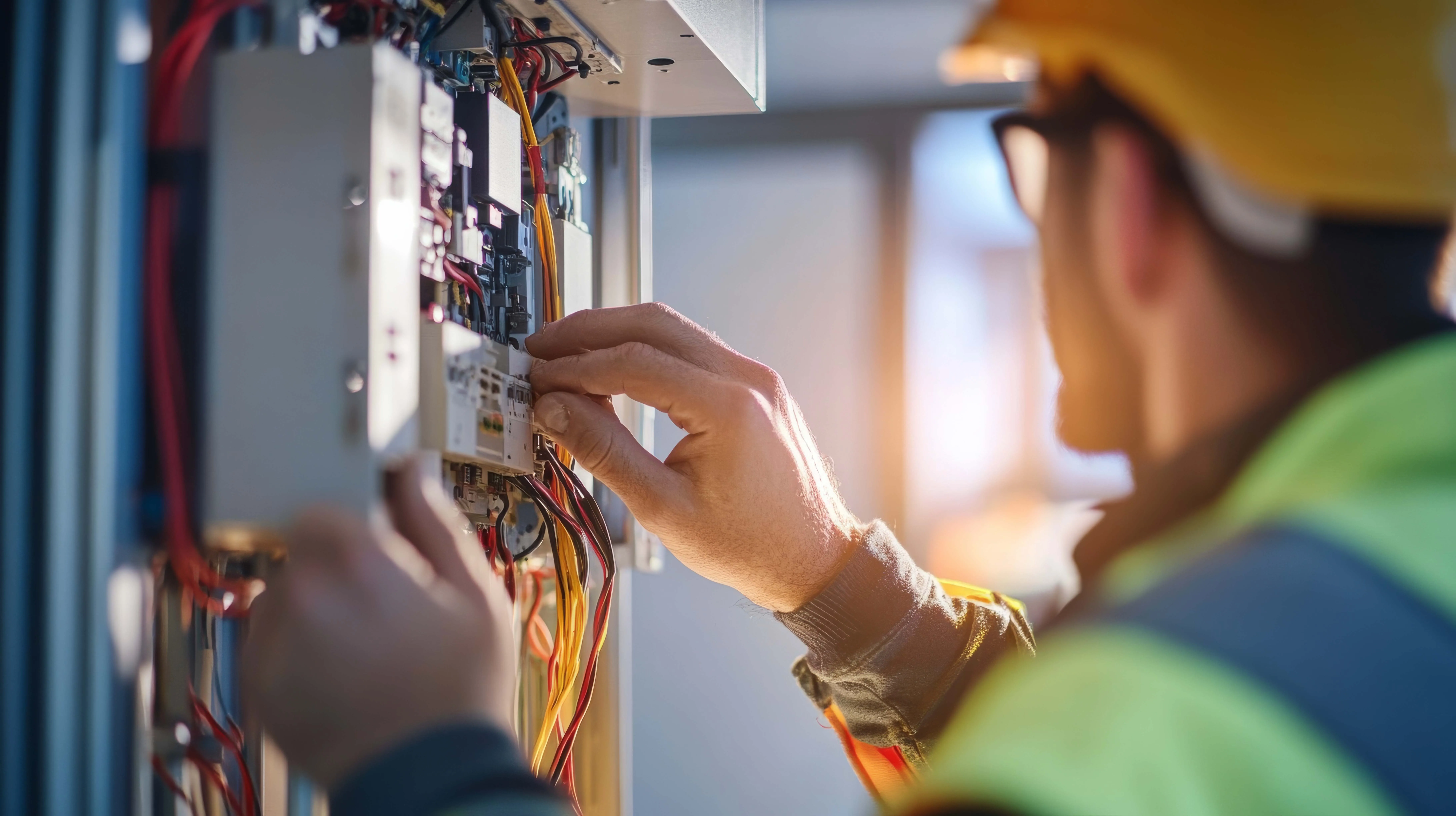 Elektriker mit Schutzhelm und Brille arbeitet an einem Sicherungskasten mit bunten Kabeln.
