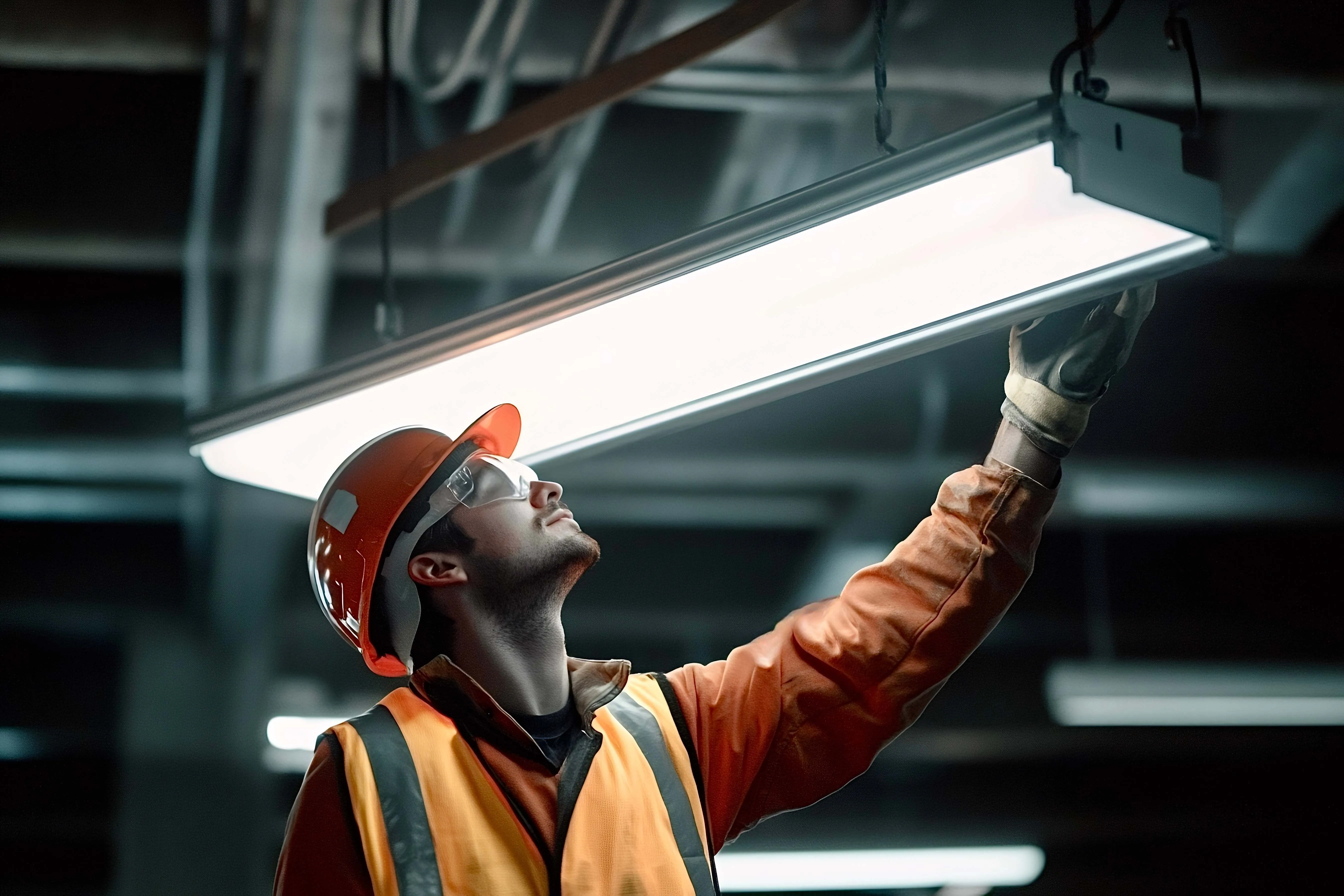 Arbeitender Elektriker mit Schutzhelm und Warnweste überprüft eine Leuchtstofflampe in einer Industrieanlage.