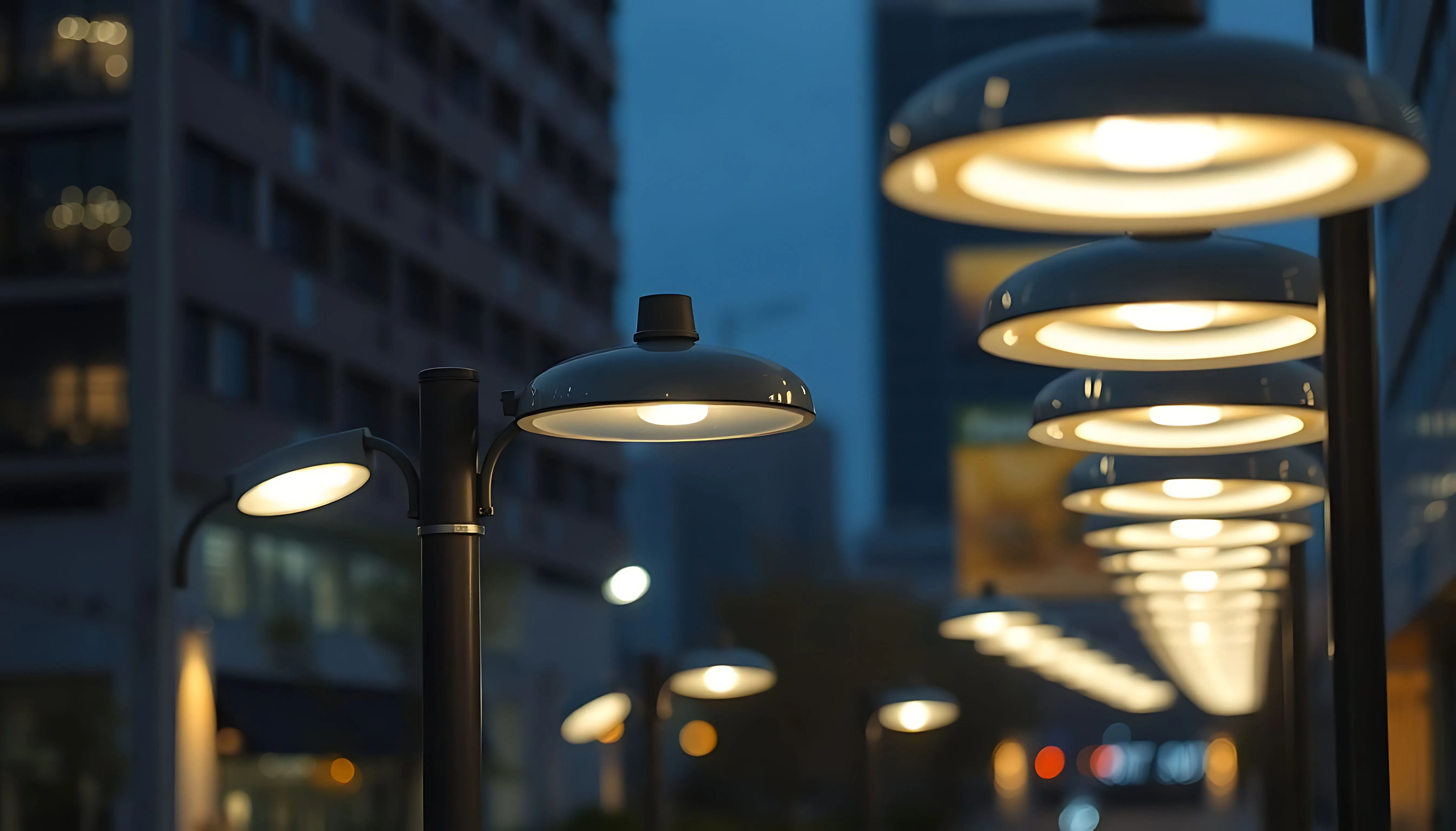 Straßenlaternen mit runden Lampenschirmen leuchten in einer städtischen Umgebung bei Dämmerung.