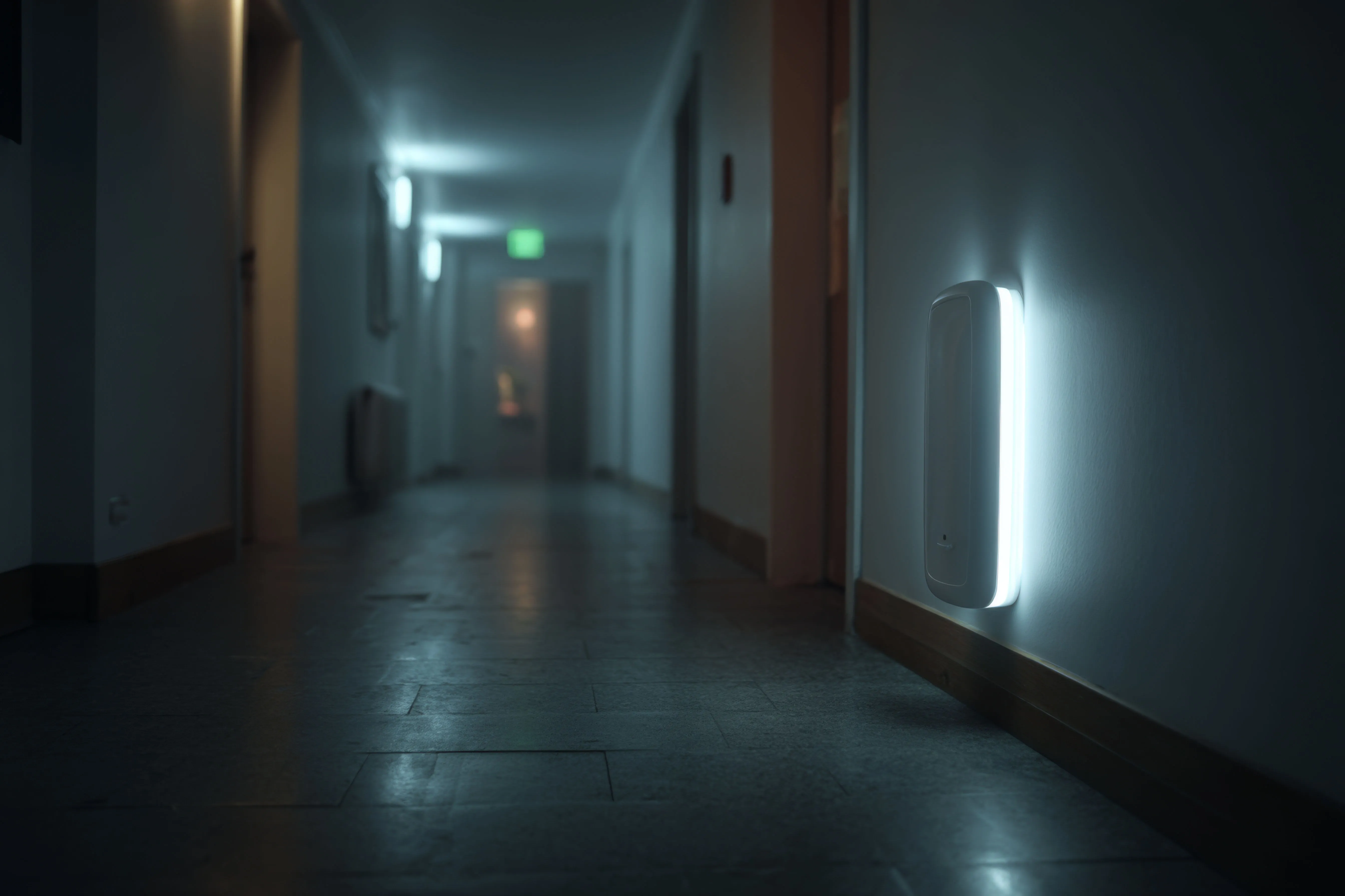 Beleuchteter Nachtlichtsensor an einer Wand in einem dunklen Flur.