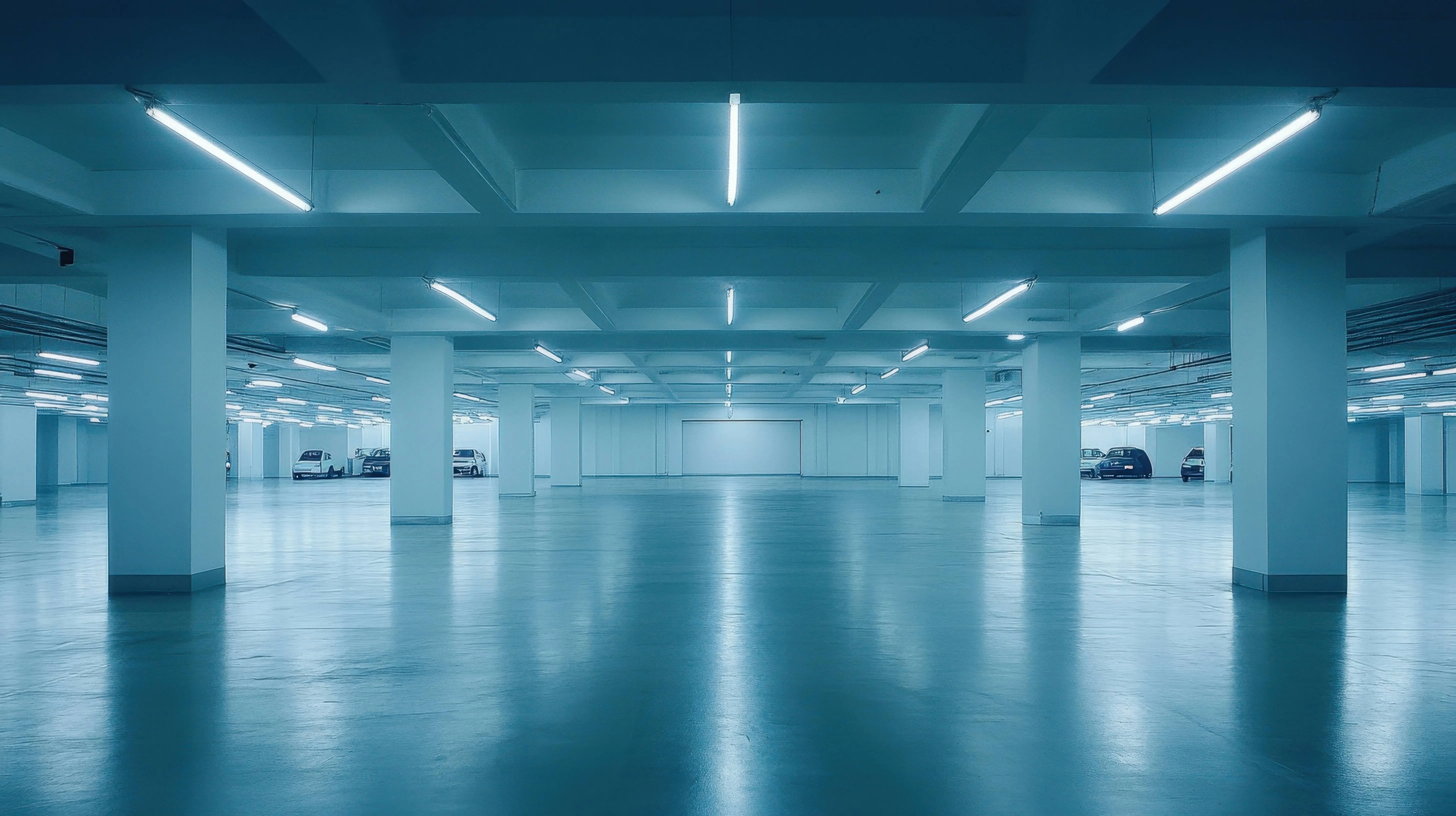 Große, leere Tiefgarage mit mehreren Säulen und einigen geparkten Autos im Hintergrund.