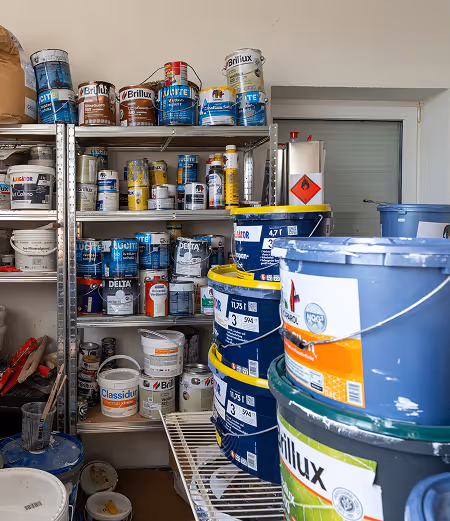 Regal voller verschiedenfarbiger Farbeimer und -dosen in einem Lagerraum.