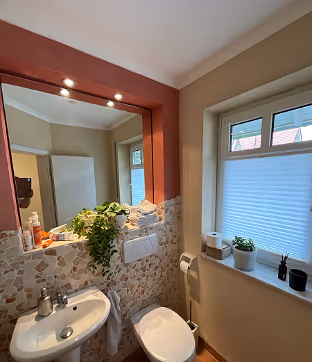 Kleines Badezimmer mit Waschbecken, Toilette, großem Spiegel, Pflanzen und Fenster mit Jalousie.