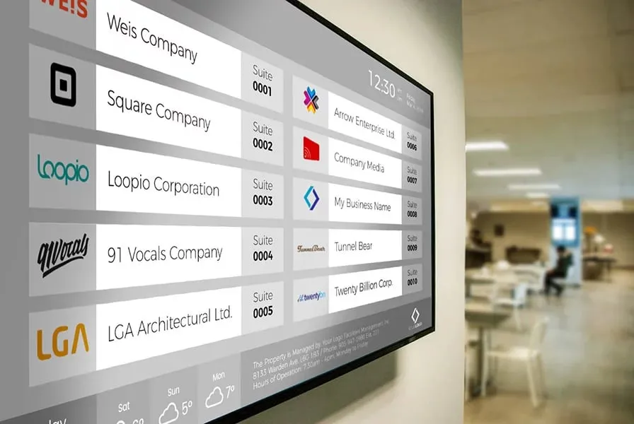 Martino Signs Philadelphia Interior Directory Board with Company Logos and Exterior Awnings