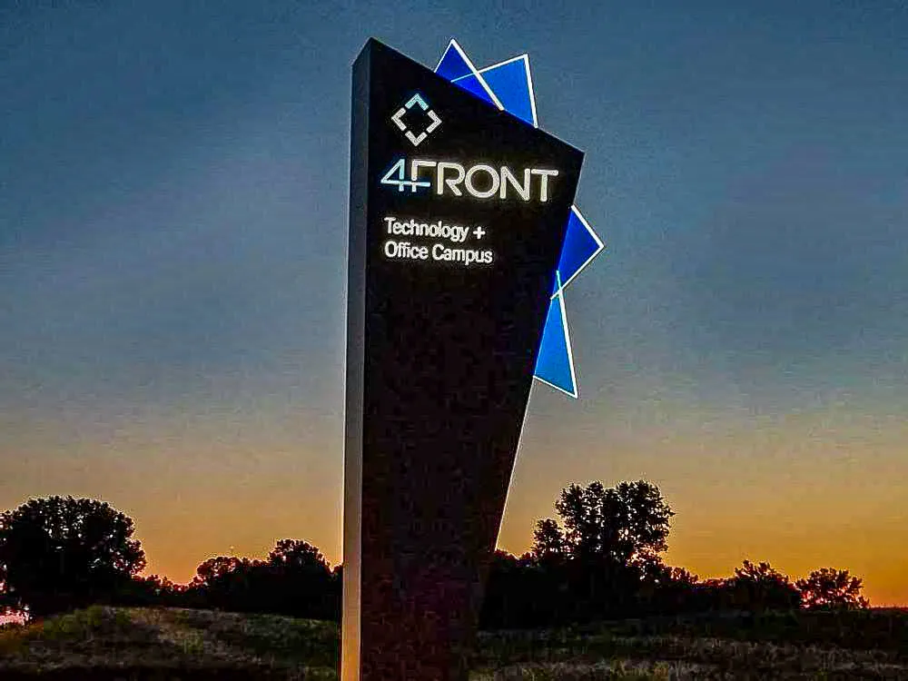Martino Signs creates 4Front Technology and Office Campus outdoor sign at sunset