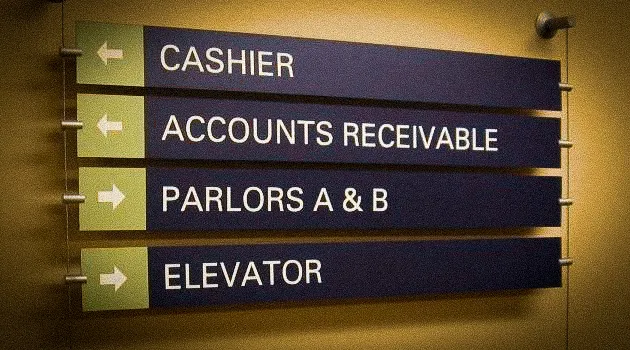 Indoor Martino Signs directional sign with arrows for Cashier, Accounts Receivable, Parlors
