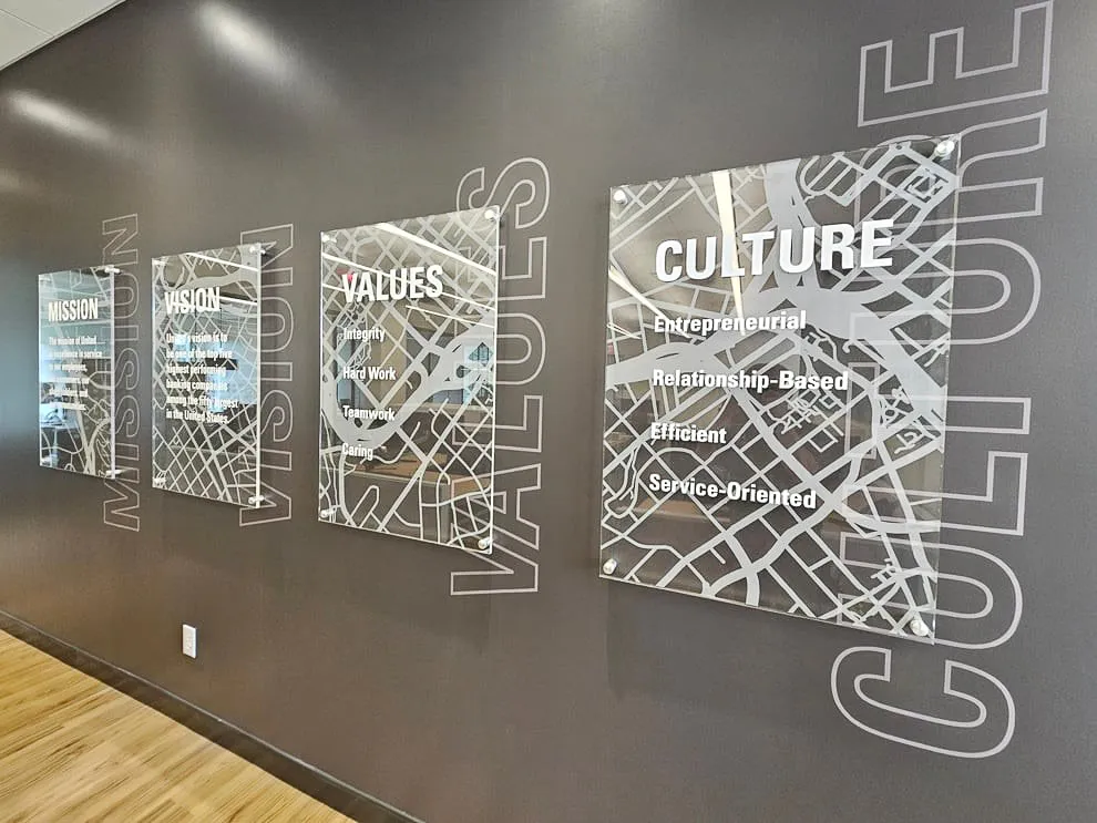 Martino Signs indoor office wall with mission, values, and culture graphics in Philadelphia, PA