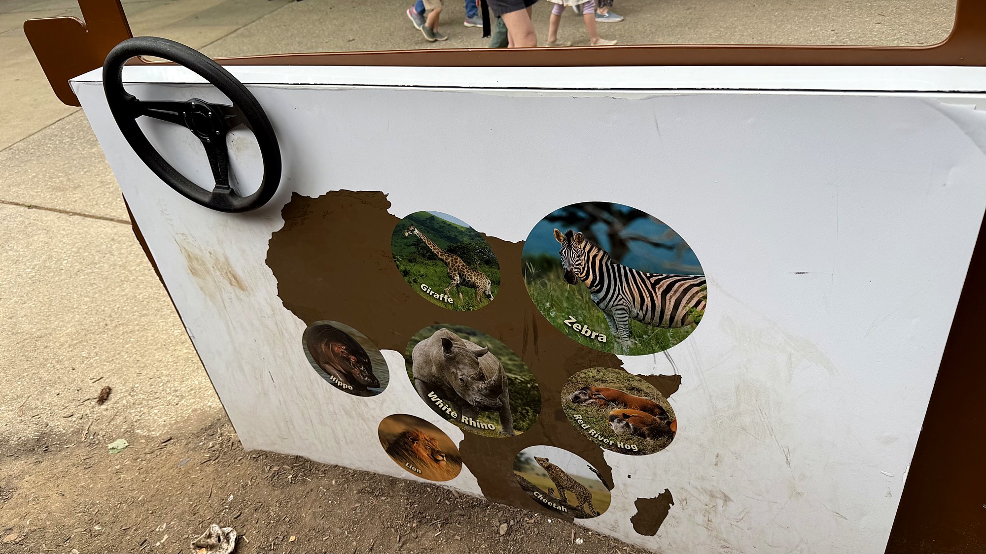 Back of the Safari Jeep with the steering wheel and map of Africa showing the exhibit animals