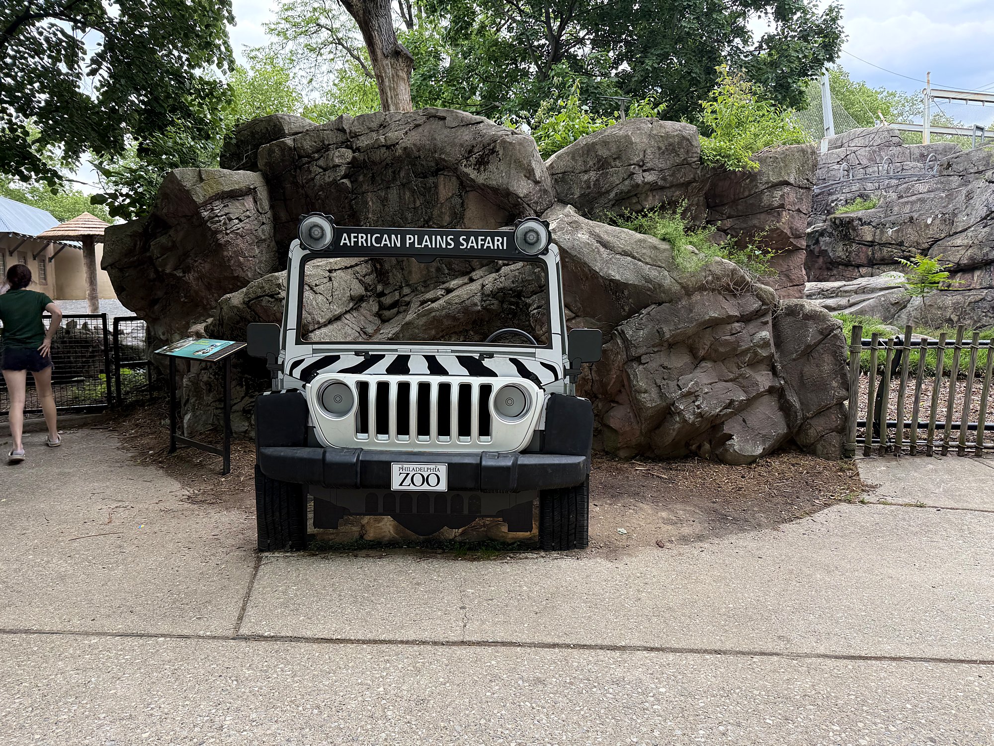 Safari Jeep photo op installed against the rockwork at the Philadelphia Zoo