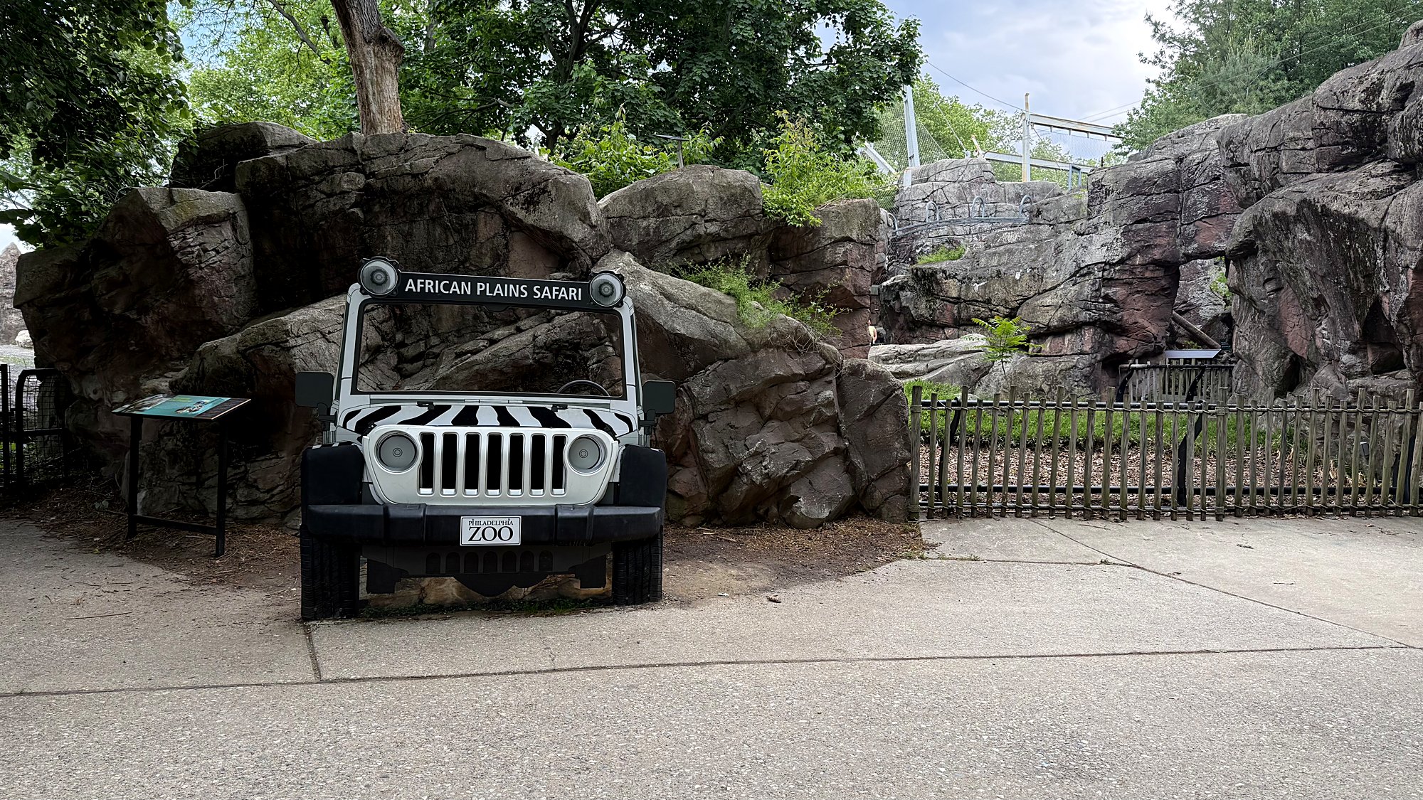 Safari Jeep photo op seen from the path at the Philadelphia Zoo