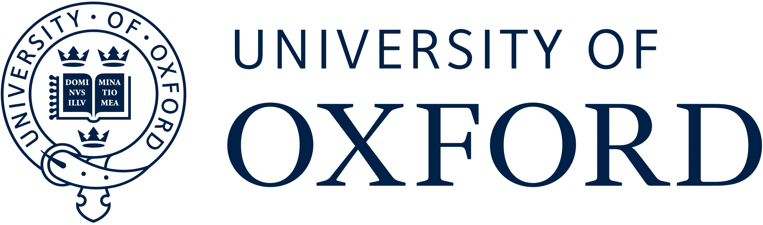 University of Oxford logo featuring a circular crest with a book and three crowns, alongside the text 'University of Oxford'.