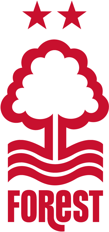 Red Nottingham Forest football club crest featuring a stylized tree above wavy lines and two stars.
