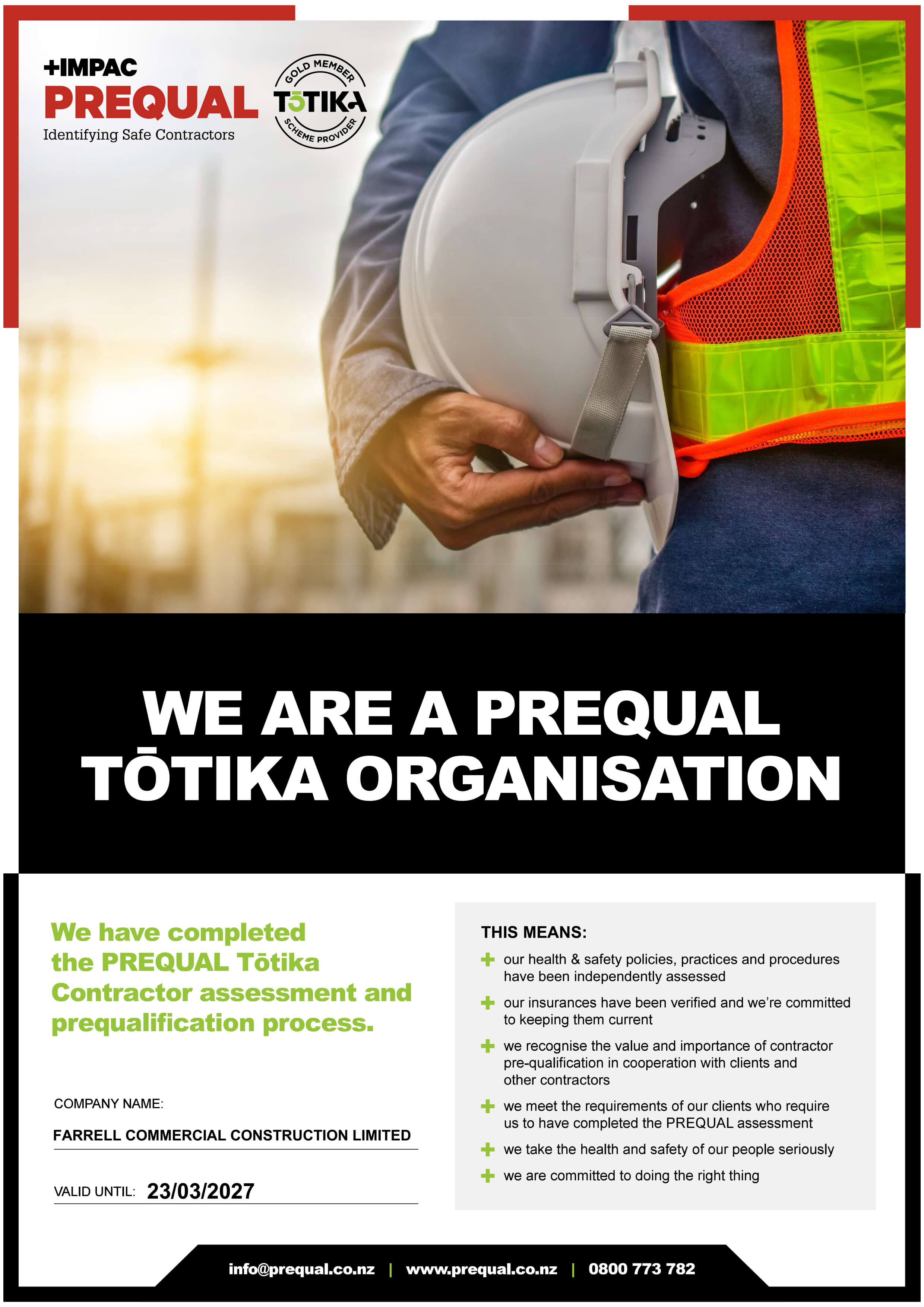 Certificate stating Farrell Commercial Construction Limited is a PREQUAL Tōtika organisation, valid until 23/03/2027, with commitments to health, safety, and contractor prequalification.