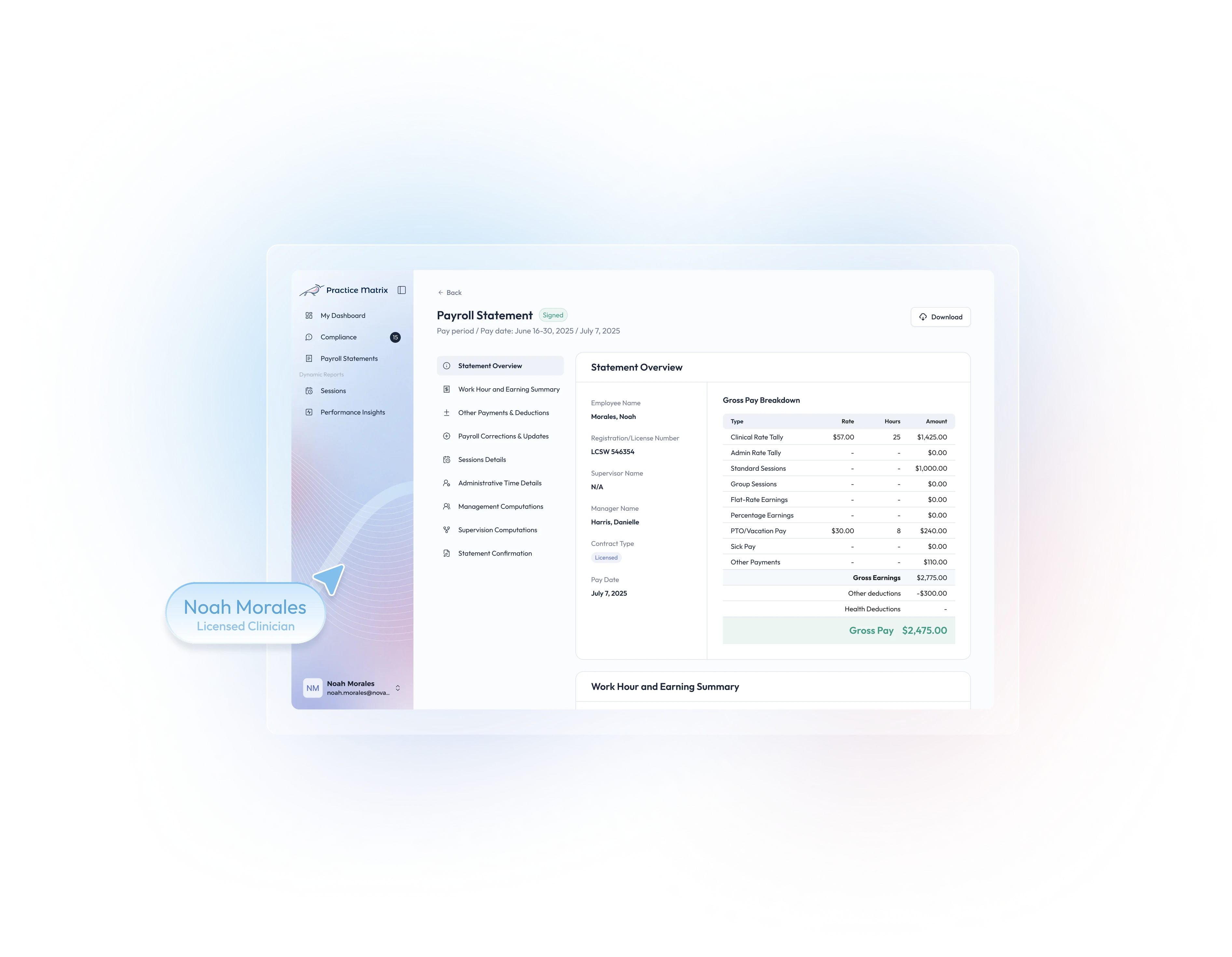 Screen from the platform with a clinician payroll statement