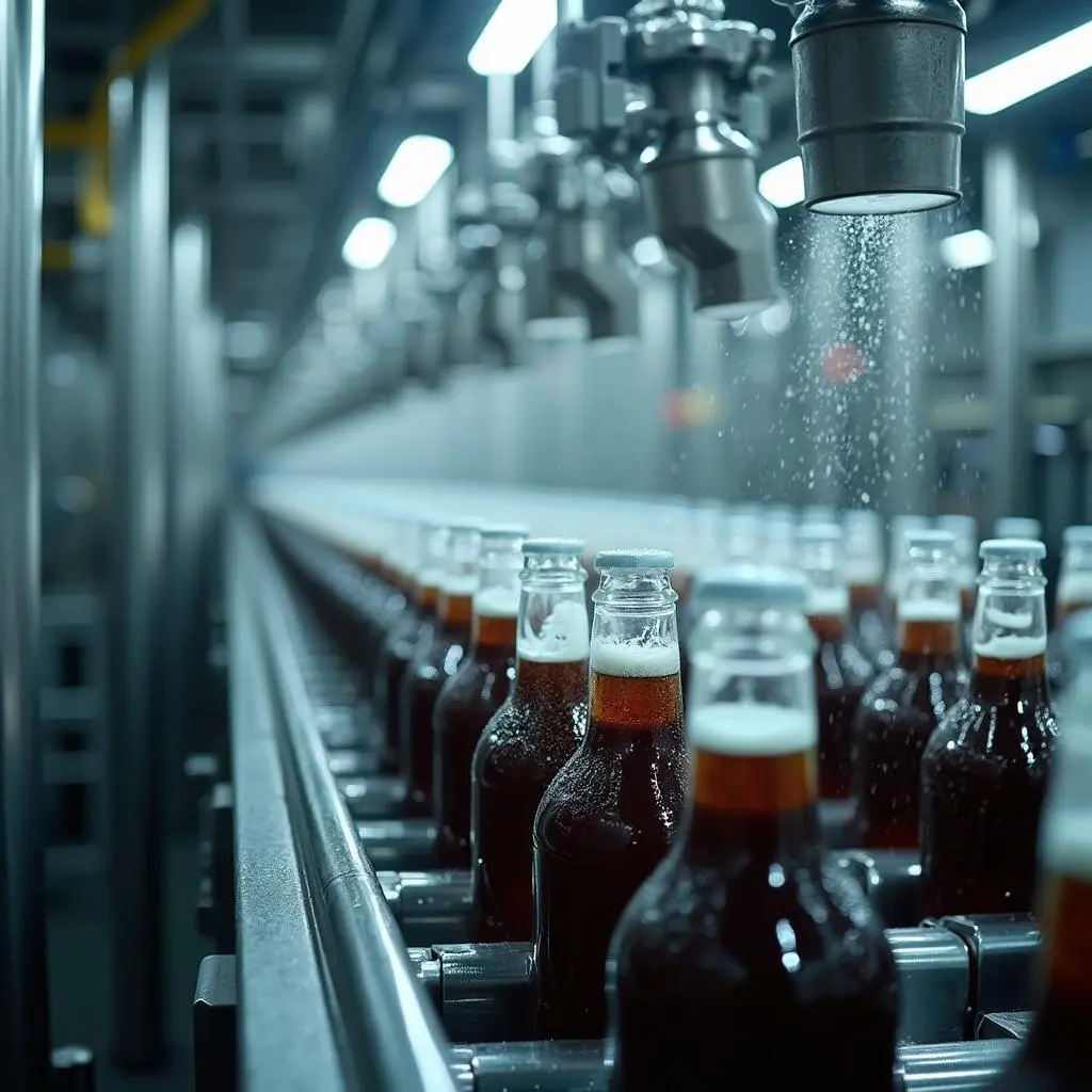 Fotografía de una fabrica embotelladora de bebidas en vidrio