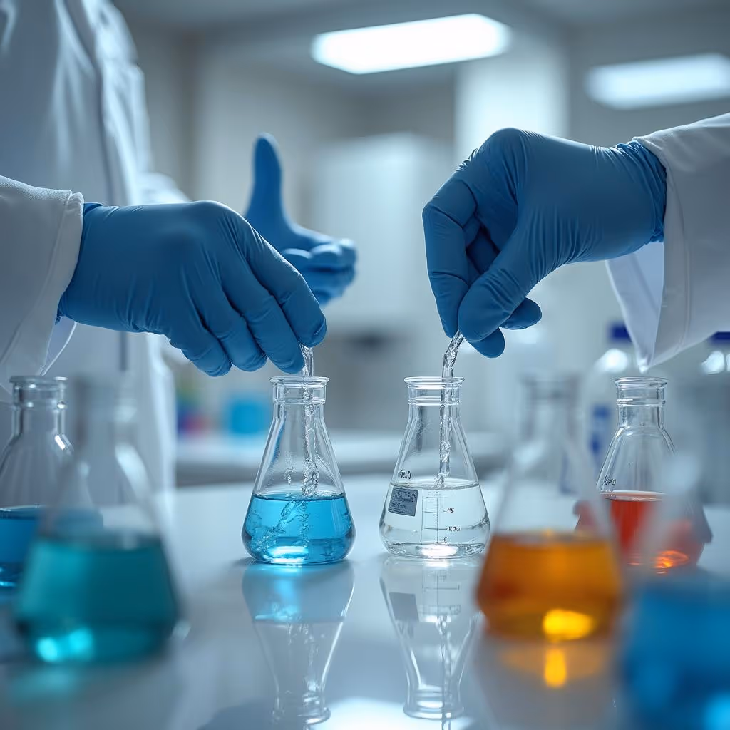 Investigadores manipulando tubos de ensayo y matraces con líquidos de colores en laboratorio, simbolizando flexibilidad y soluciones personalizadas.
