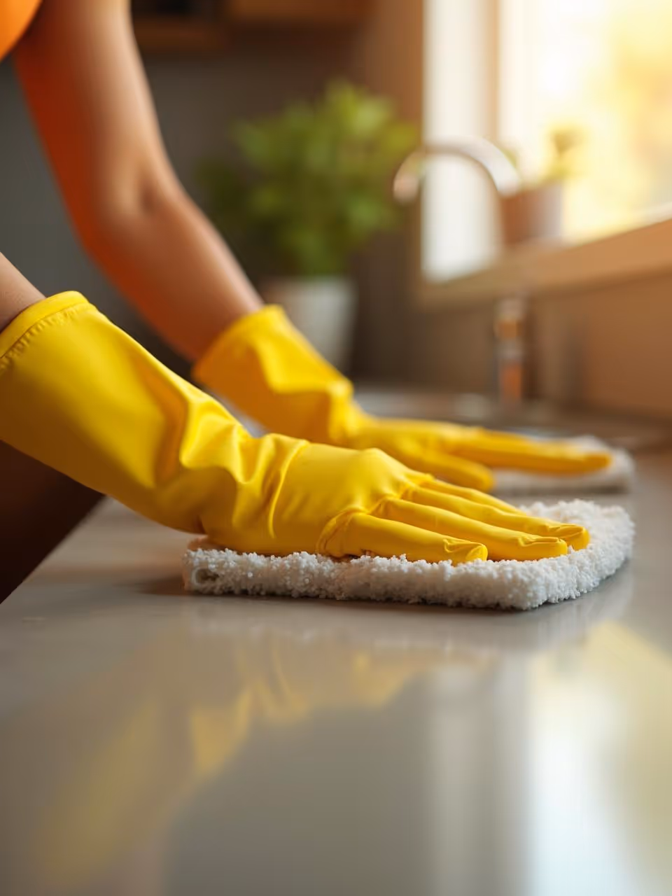 Fotografía de dos manos dejando súper limpio el mesón de una cocina