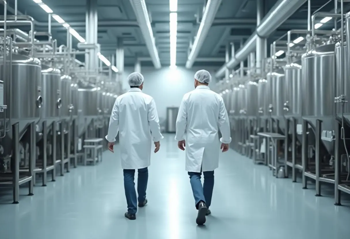 Fotografía de dos profesionales caminando dentro de una fábrica