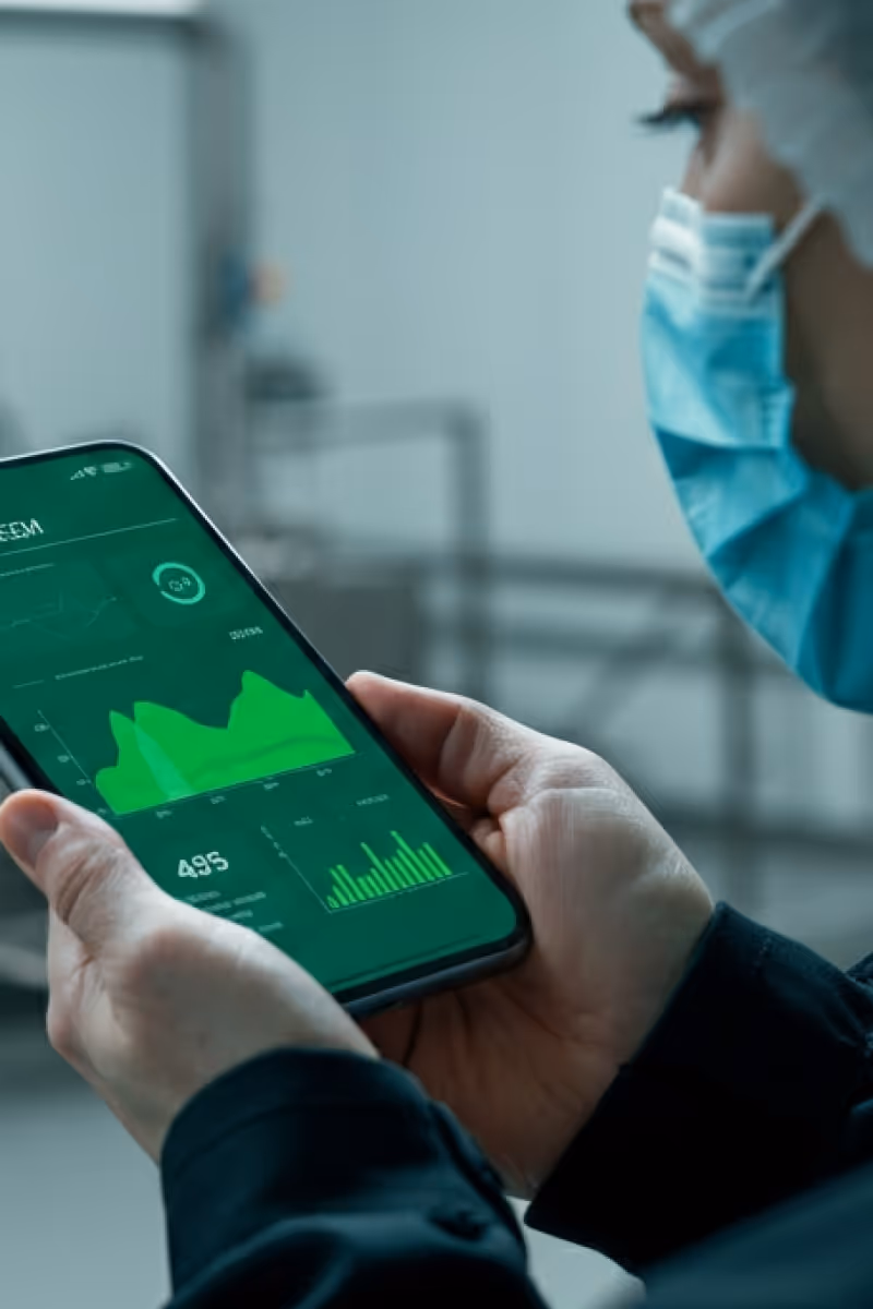 Profesional en una fábrica con un móvil monitoreando KPIs de la fábrica