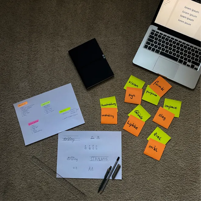 Organized workspace with laptop, sticky notes and papers
