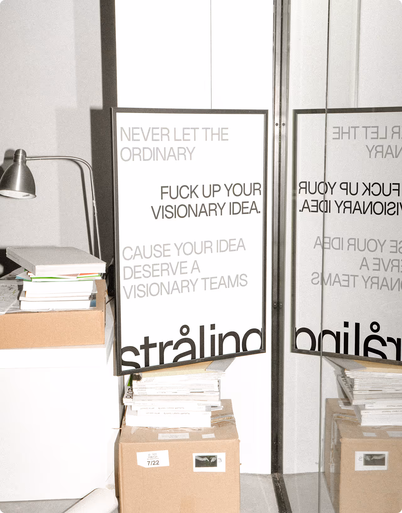 Office storage area with labeled boxes and organizational system