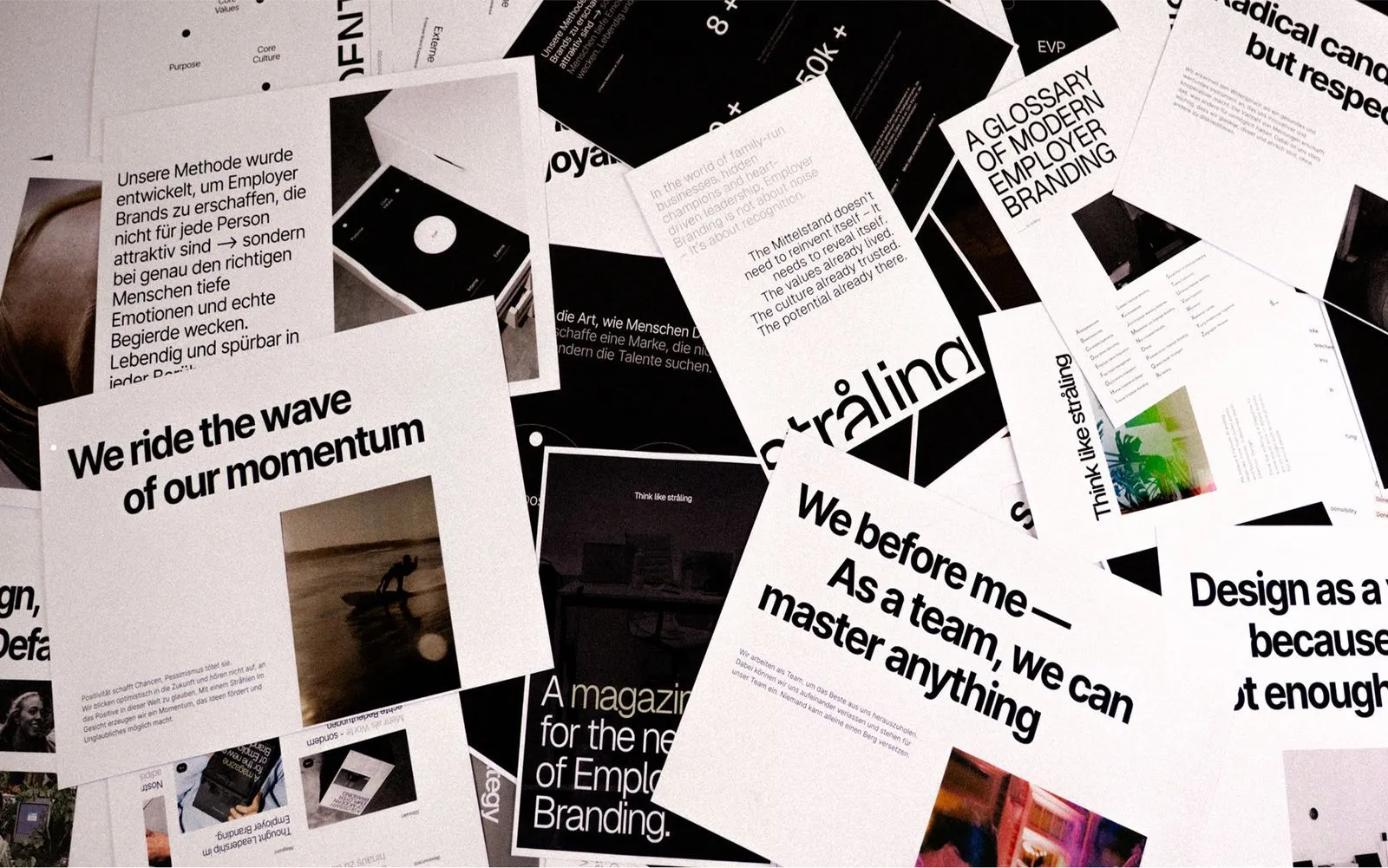 Collection of printed design materials and typography samples 