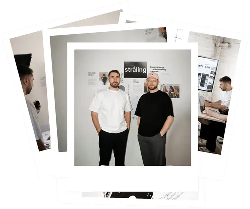 Polaroid-style photos of two people standing together