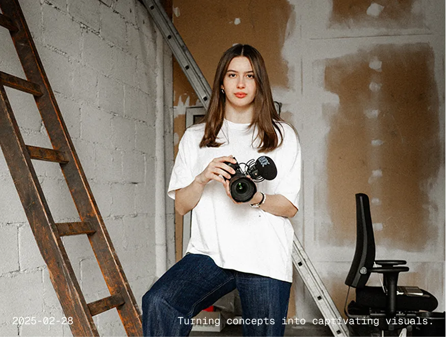 Woman in white holding camera in hallway 