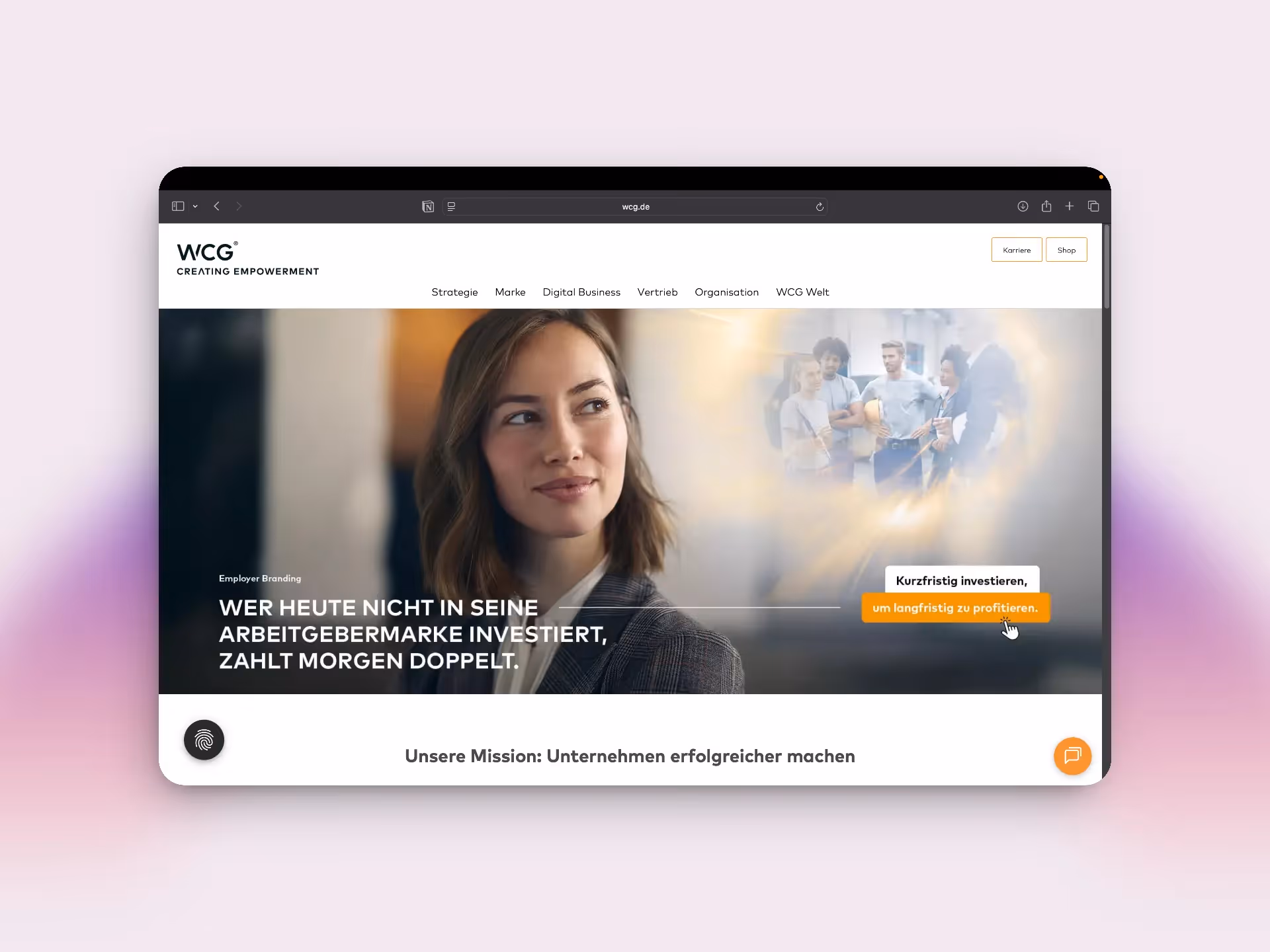 Ein Websitescreenshot der WCG