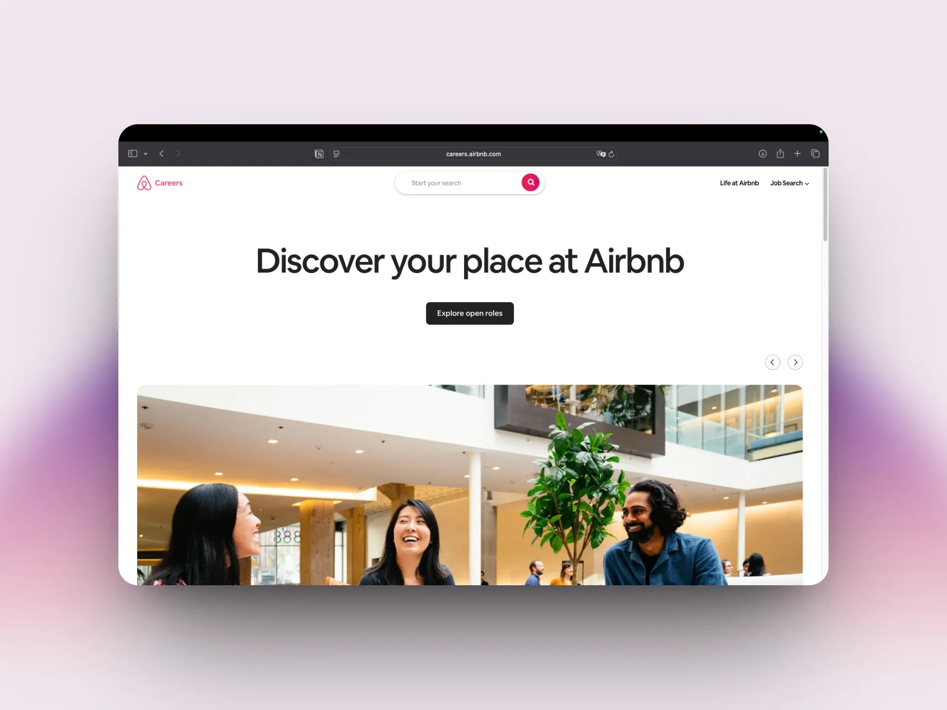 Ein Screenshot von der Karrierewebseite von Airbnb