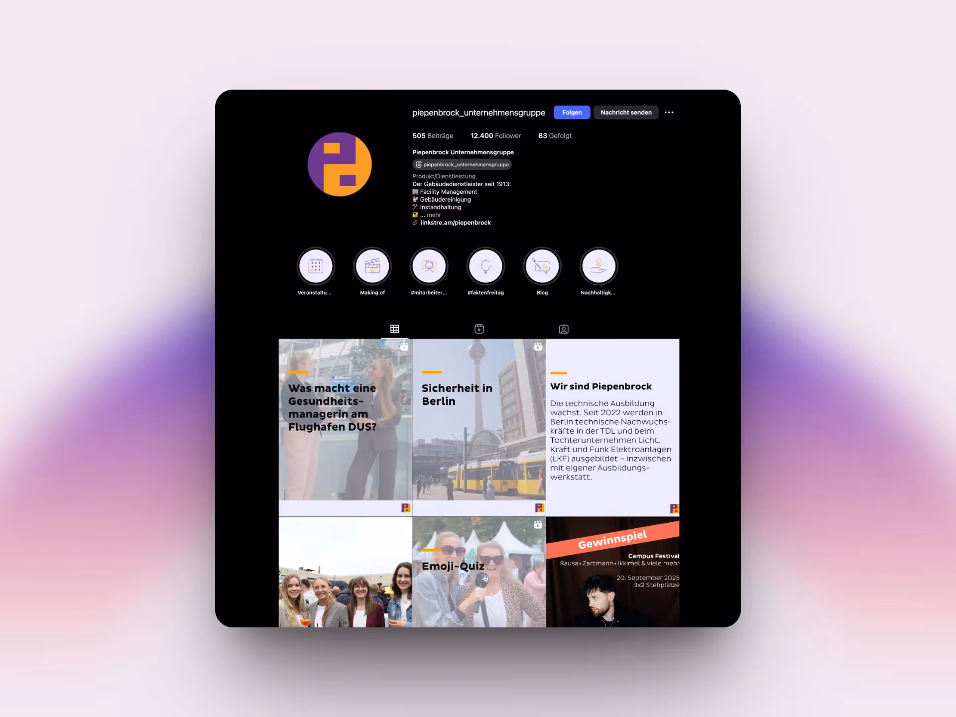 Ein Screenshot vom Piepenbrock Unternehmensgruppe Instagram Account als inspirierendes Beispiel für Employer Branding