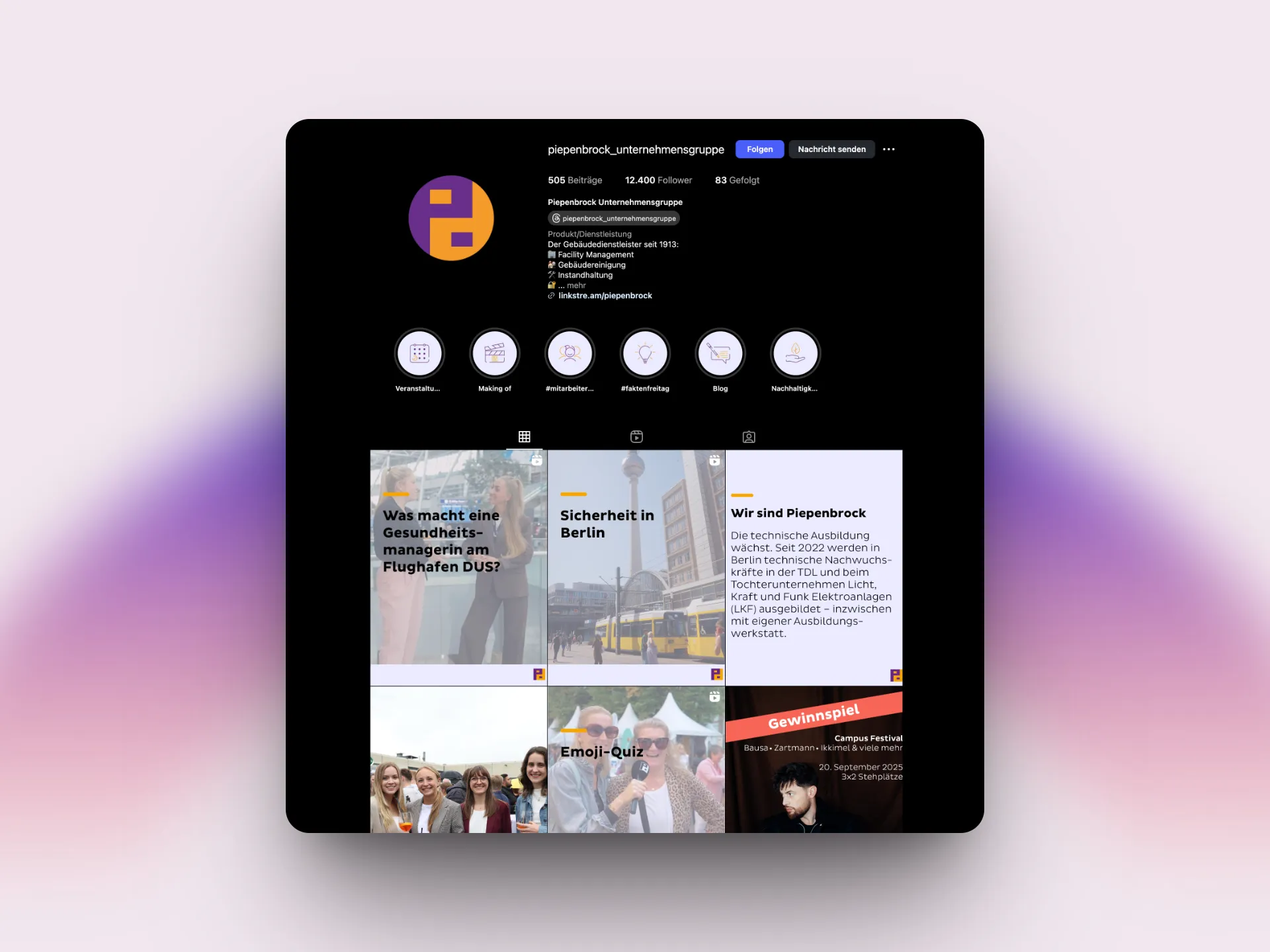 Ein Screenshot vom Piepenbrock Unternehmensgruppe Instagram Account als inspirierendes Beispiel für Employer Branding