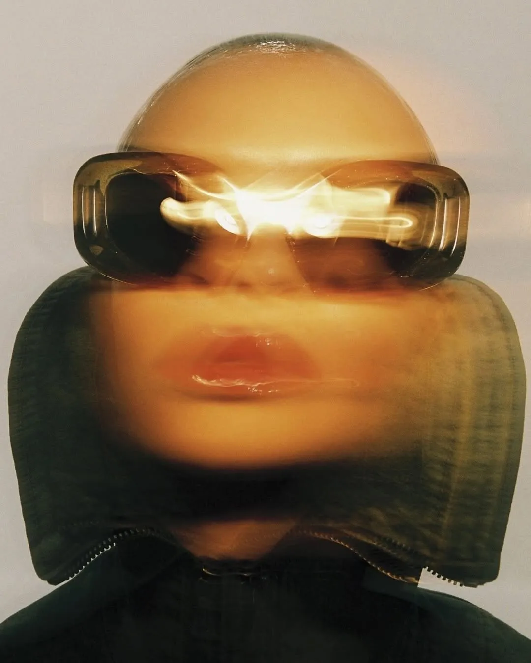 „Futuristisches Porträt mit übergroßer Sonnenbrille und Lichtspuren – Symbol für Innovation, Kreativität und moderne Markenidentität im Employer Branding.