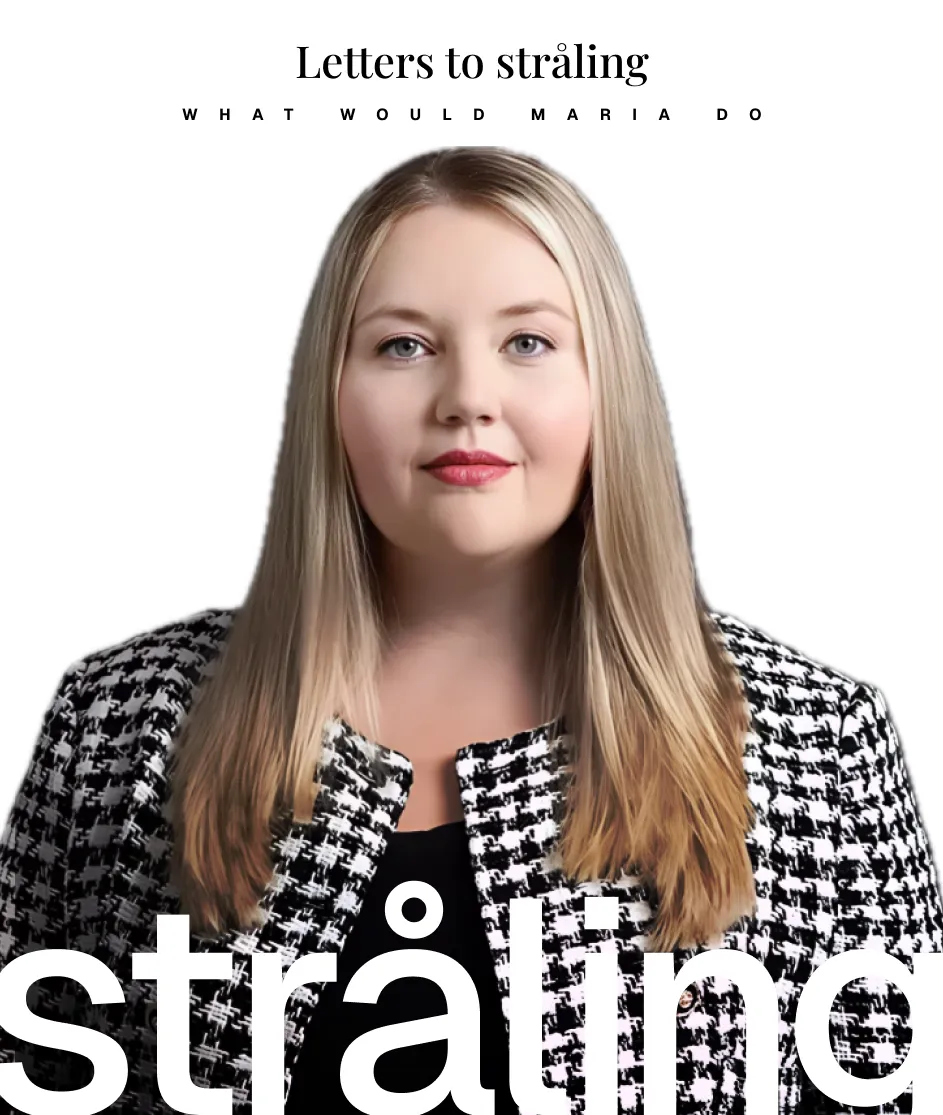 Porträt einer Frau im schwarz-weißen Blazer, Coverbild der Kolumne „Letters to stråling – What Would Maria Do“ von der Employer Branding Agentur stråling.