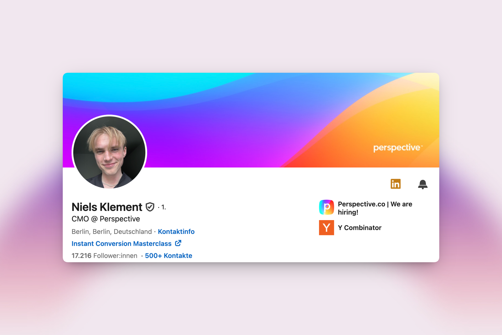 Profilbild von Niels Klement, CMO bei Perspective. Ein Beispiel für Education-First Marketing auf LinkedIn, analysiert von der Employer Branding Agentur stråling.