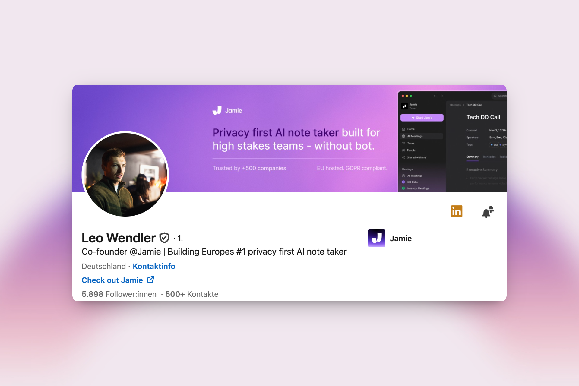 Profilfoto von Leo Wendler, COO bei Jamie. Beispiel für 'Calm Company' Wertekommunikation im Startup-Umfeld, ausgewählt von der Employer Branding Agentur stråling.