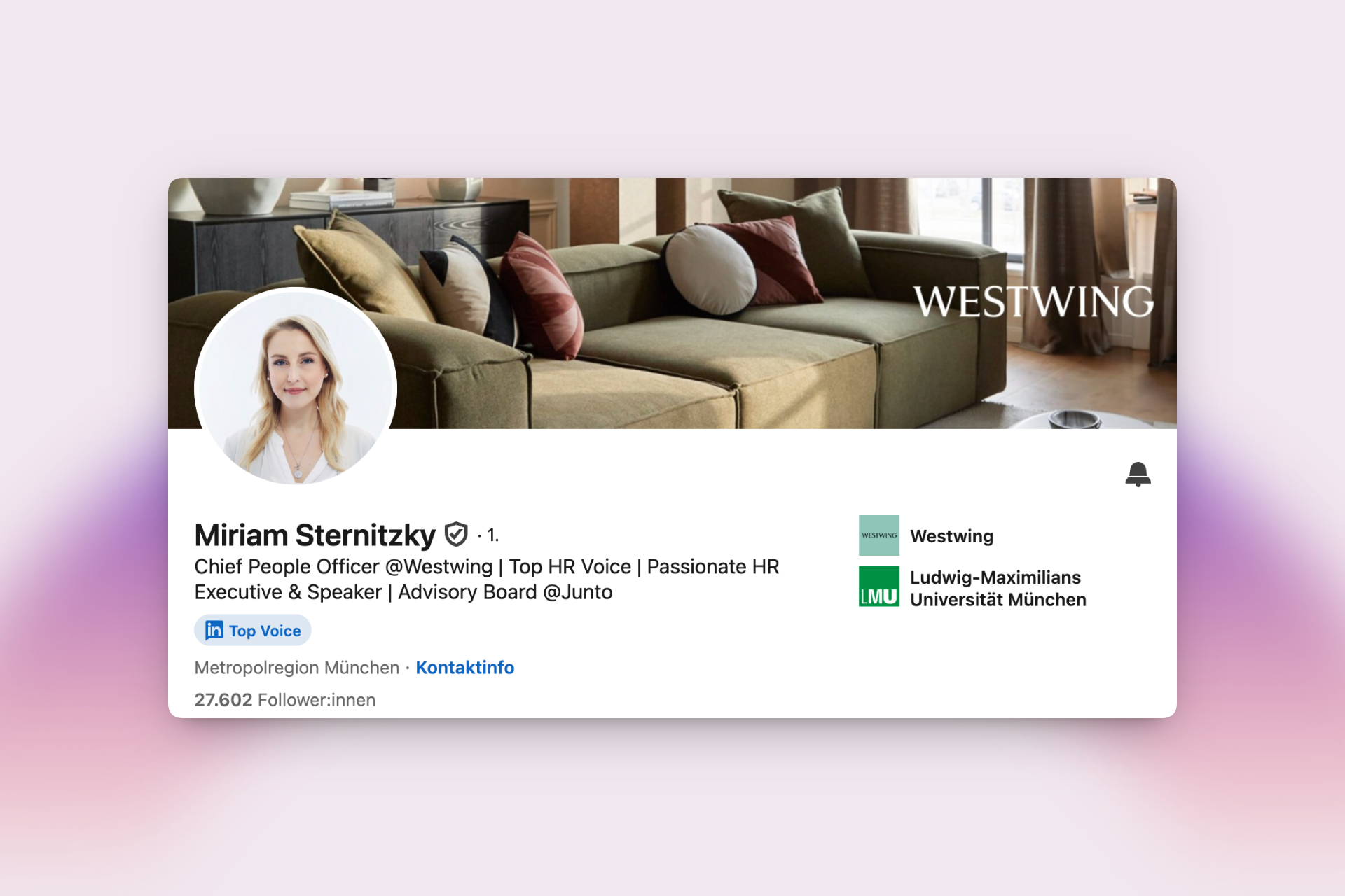 Porträt von Miriam Sternitzky, CPO bei Westwing. Zeigt Human Leadership und Vulnerability auf LinkedIn, analysiert von der Employer Branding Agentur stråling.