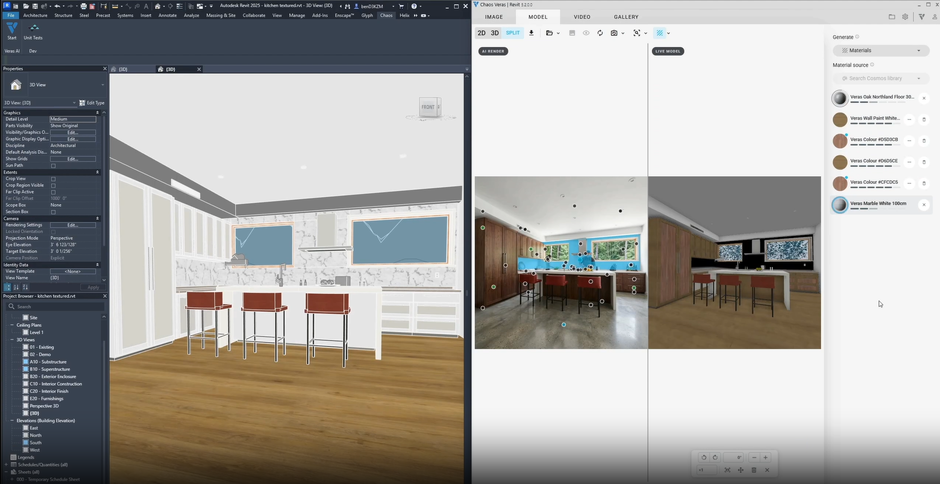 Flux de travail des matériaux dans Veras avec un modèle de cuisine Revit, des variantes de matériaux et des finitions générées