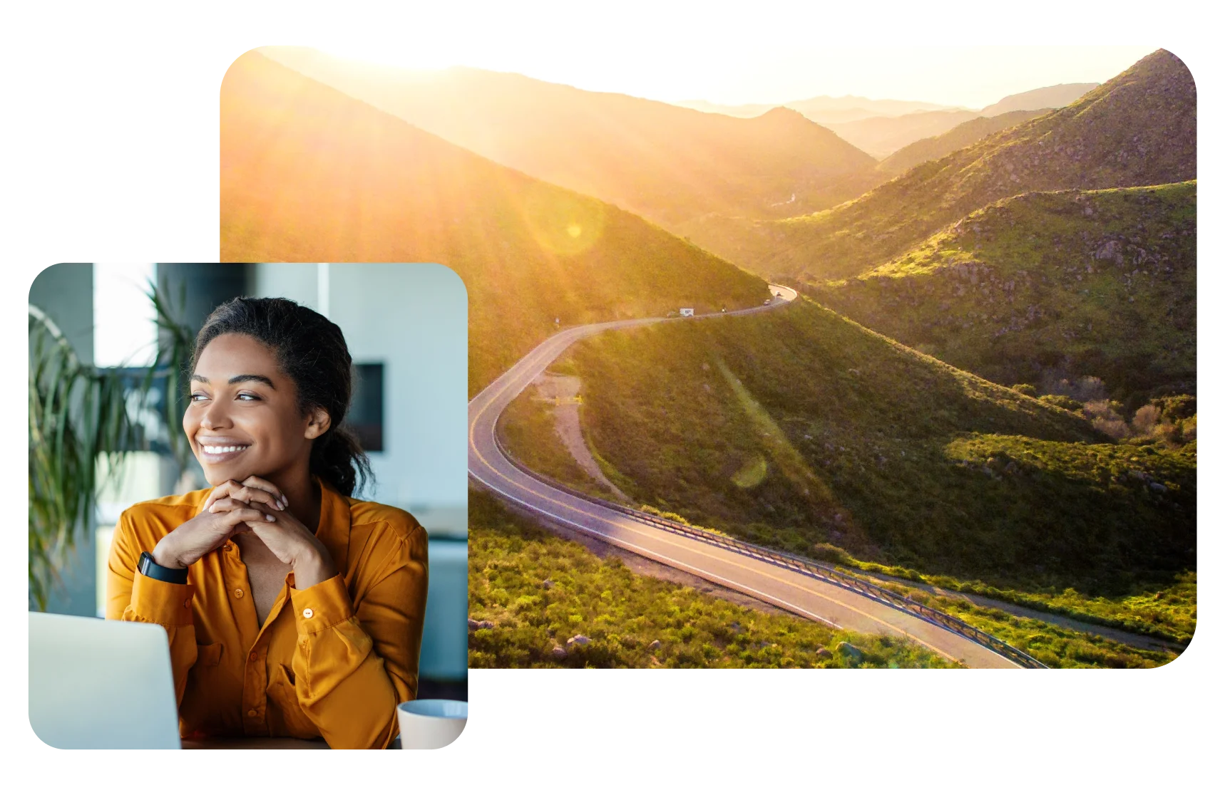 Collage of a woman and a path through sunlit mountains