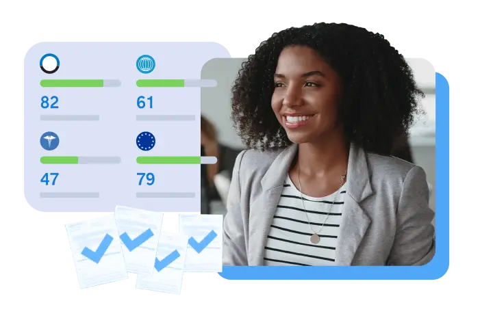 Infographic of multiple compliance frameworks and a happy woman