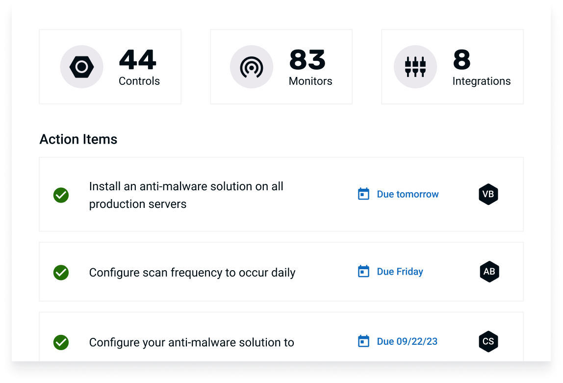 Screenshot showing the number of controls, monitors, and integrations associated with a particular framework