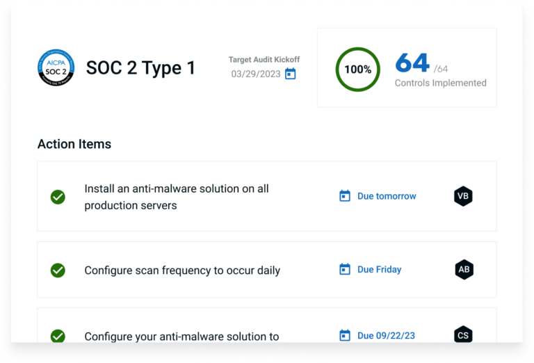Stylized screenshot of completed tasks in a roadmap to SOC 2 Type 1 compliance