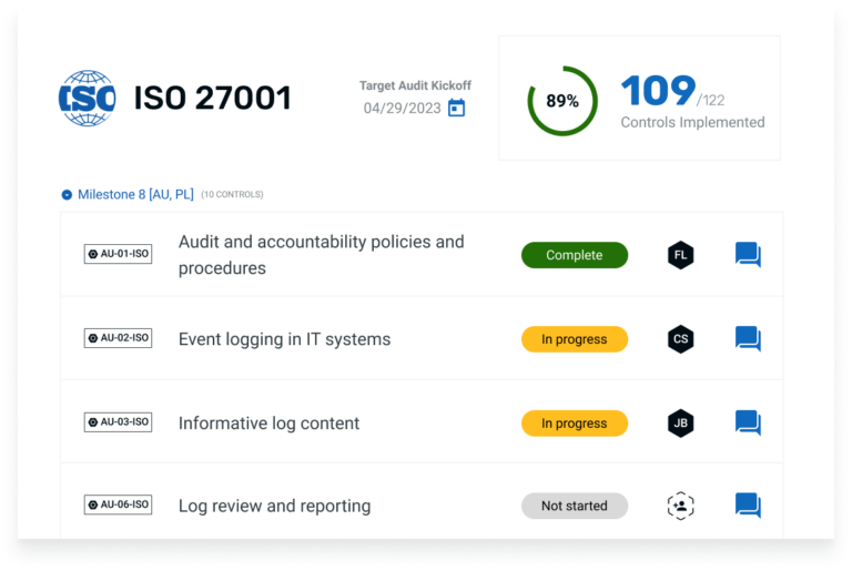 Screenshot of a roadmap and associated tasks for ISO 27001 compliance in Thoropass