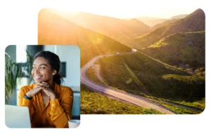 Collage of a woman and a path through sunlit mountains